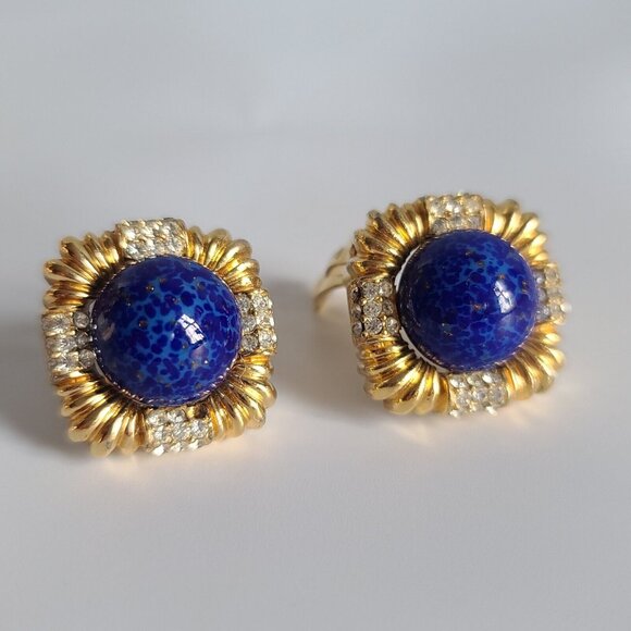 Ciner Jewelry - Ciner Glass Blue Lapis Lazuli Cabochon Gold Tone Clip Earrings Retro Large Huge